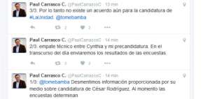 Pa&uacute;l Carrasco borra los tuits en donde afirmaba que estaba en "empate t&eacute;cnico" con Cynthia Viteri