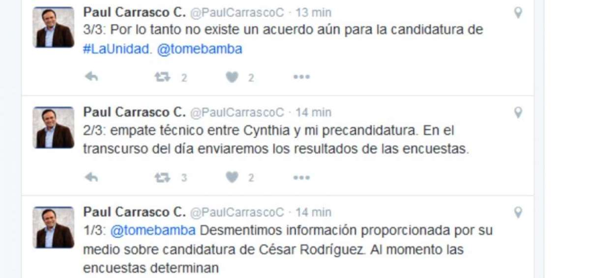 Pa&uacute;l Carrasco borra los tuits en donde afirmaba que estaba en "empate t&eacute;cnico" con Cynthia Viteri