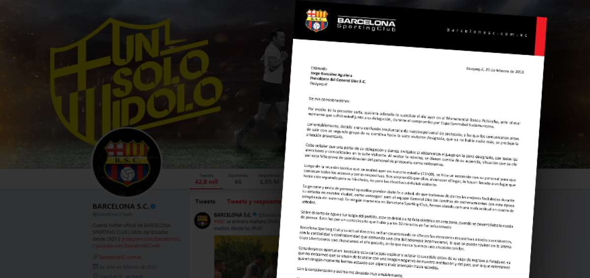 Barcelona hizo p&uacute;blica la carta enviada por el presidente Cevallos al club General D&iacute;az.
