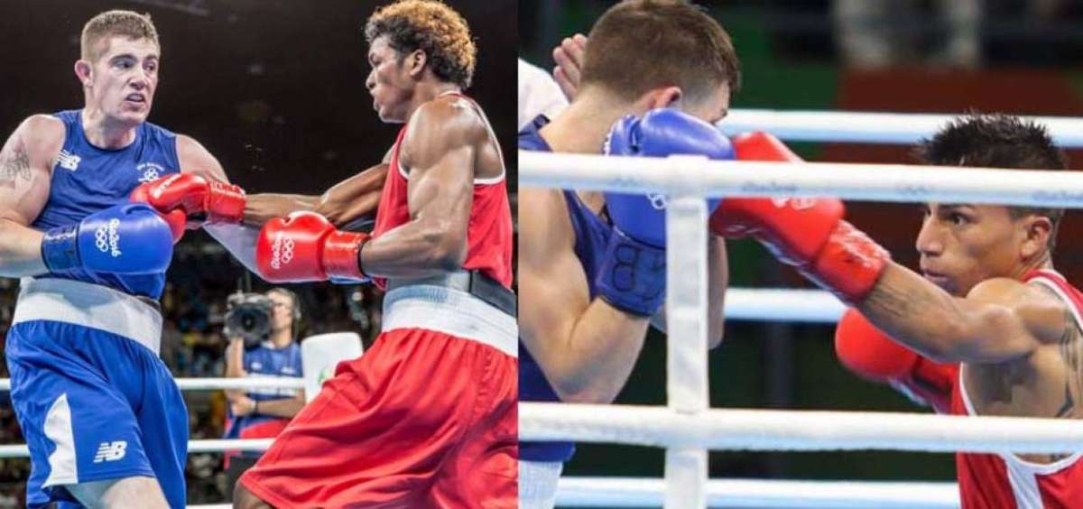 Carlos Mina (der.) super&oacute; al irland&eacute;s Joseph Ward en la categor&iacute;a de semipesado. En la gr&aacute;fica derecha, el ecuatoriano Carlos Quipo (der.) pele&oacute; contra el estadounidense Nico Hern&aacute;ndez, en los cuartos de final de la categor&iacute;a minimosca.