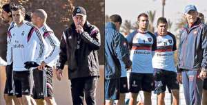 Los t&eacute;cnicos Carlo Ancelotti (izq.) y Edgardo Bauza (der.) dirigieron ayer las &uacute;ltimas pr&aacute;cticas de sus equipos. Foto: AFP