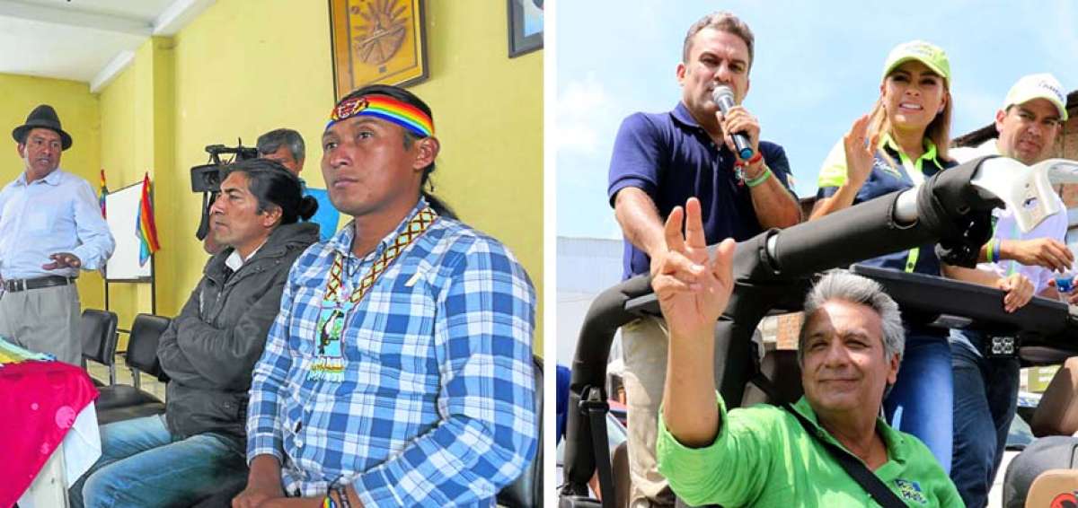 Dirigentes de la Conaie se reunieron el jueves, en Quito, para analizar su postura respecto de las candidaturas presidenciales para la segunda vuelta. Der.: El candidato Len&iacute;n Moreno recorri&oacute; ayer las principales calles de Ventanas y Vinces, en Los R&iacute;os.