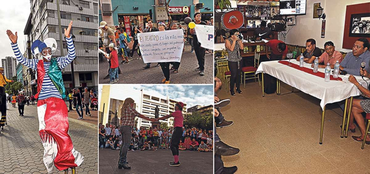 En la av. 9 de Octubre zanqueros, actores, actrices, danzantes y teatreros de la calle participaron en una marcha que recorri&oacute; tambi&eacute;n el Malec&oacute;n Sim&oacute;n Bol&iacute;var para llegar a su destino de la Plaza San Francisco. Arriba, los mensajes prevalecieron durante la marcha. En la plaza San Francisco presentaron varios sketches. Al final hubo una charla en La Culata.