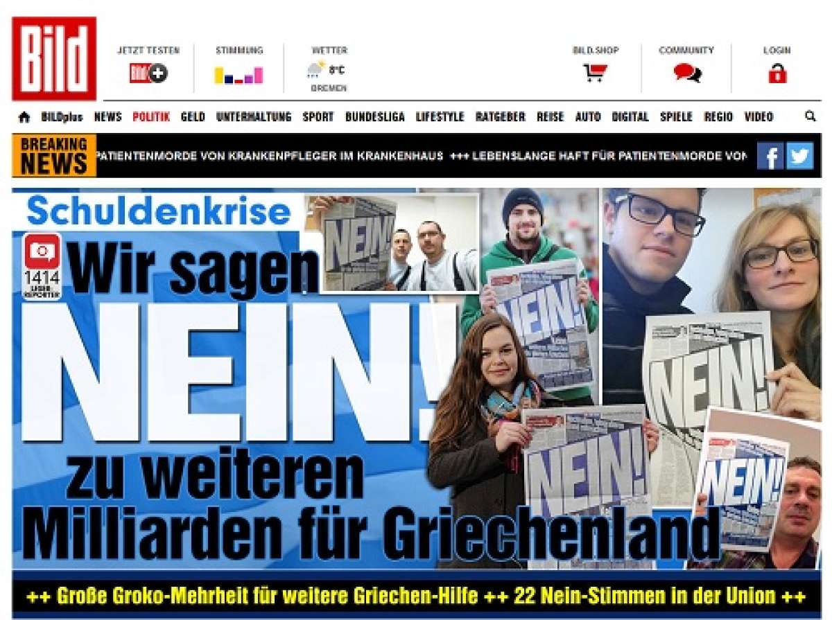 "&iexcl;No! No daremos mil millones m&aacute;s a la codiciosa Grecia", dice en portada el medio alem&aacute;n. Foto: Tomada p&aacute;gina web de Bild