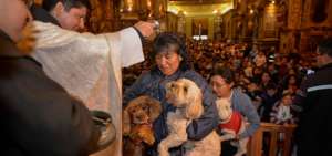 Los fieles levantan a sus mascotas durante la bendici&oacute;n en la iglesia San Francisco.