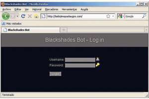 Captura de pantalla del acceso al panel de control del malware Blackshades. Foto: Tomada de laboratoriomalware.blogspot.com