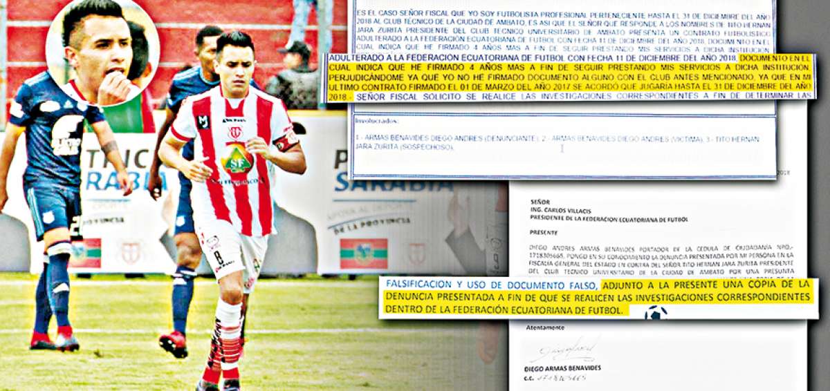En la gr&aacute;fica se muestra la denuncia que present&oacute; Diego Armas en la Fiscal&iacute;a (arriba) y la carta que envi&oacute; a la FEF para que se investigue en la entidad. 