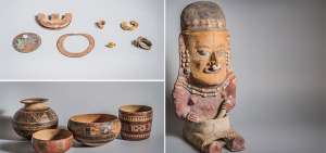 Narigueras, expansores de orejas, clavo facial en cobre, oro, tumbaga y otras aleaciones (foto superior izq.). Cuencos, vaso y botellas, de la cultura Guangala (foto inferior izq.). Figura femenina sentada, de la cultura Bah&iacute;a (foto superior), en cer&aacute;mica pol&iacute;croma.