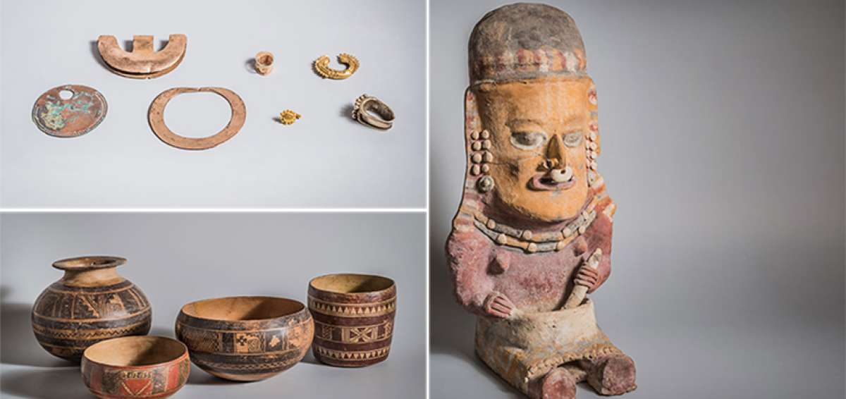 Narigueras, expansores de orejas, clavo facial en cobre, oro, tumbaga y otras aleaciones (foto superior izq.). Cuencos, vaso y botellas, de la cultura Guangala (foto inferior izq.). Figura femenina sentada, de la cultura Bah&iacute;a (foto superior), en cer&aacute;mica pol&iacute;croma.