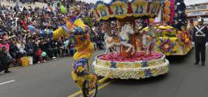 Todos los carros aleg&oacute;ricos que participan en la Fiesta de la Fruta y de las Flores son adornados cada a&ntilde;o con miles de manzanas, peras, claudias, duraznos, as&iacute; como de rosas, margaritas, claveles, tulipanes, y m&aacute;s especies florales.