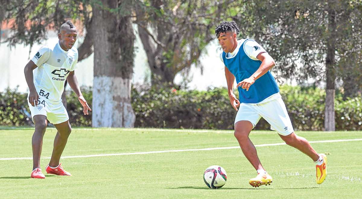 El defensa Pervis Estupi&ntilde;&aacute;n (i) y el delantero Luis Congo participan de una pr&aacute;ctica de Liga de Quito, previa al cotejo de hoy ante Nacional de Paraguay. Foto: Miguel Jim&eacute;nez / El Tel&eacute;grafo