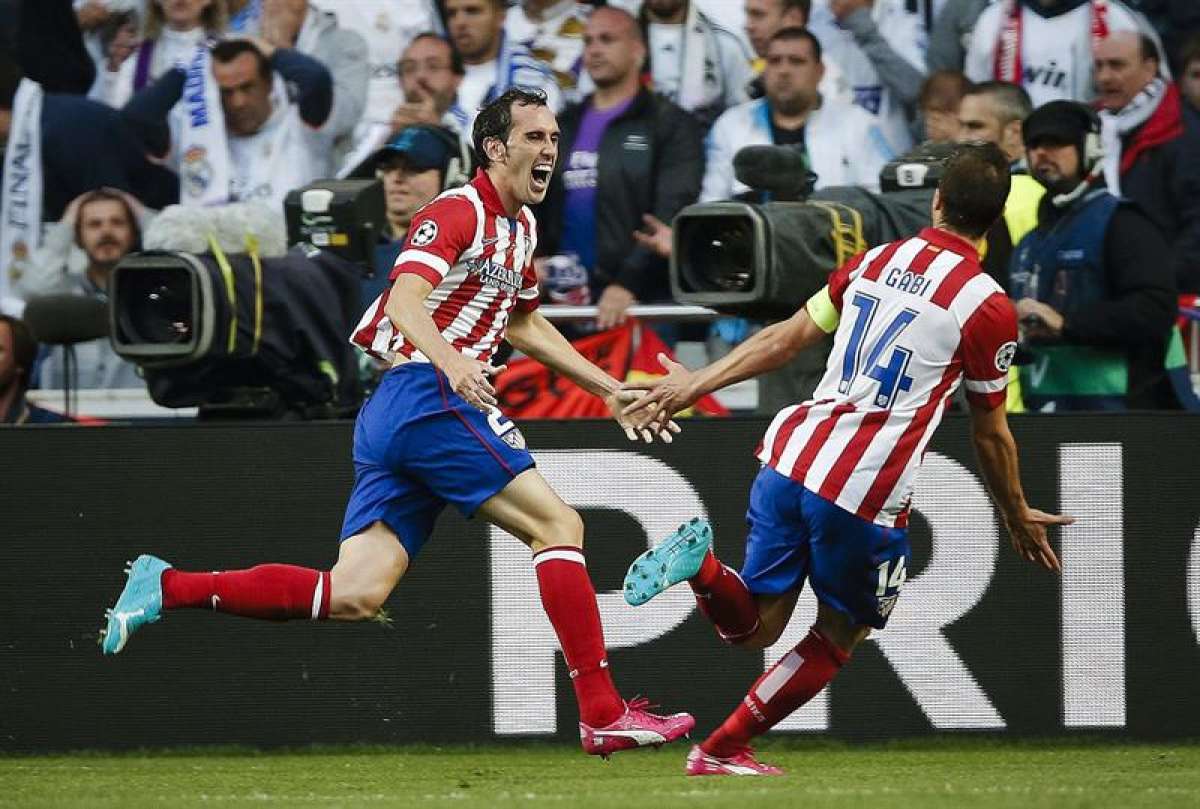 Diego God&iacute;n (i) anot&oacute; el gol del Atl&eacute;tico en la final de la Champions League ante el Real Madrid. Foto: EFE