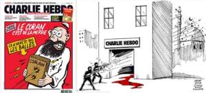Una de las pol&eacute;micas portadas de la revista, que levant&oacute; cr&iacute;ticas. Derecha: Caricatura de Latuff, en la que demuestra que el atentado da&ntilde;&oacute; al Islam