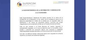 Supercom acoge pronunciamiento de Fiscal&iacute;a sobre archivo de proceso en contra de su titular