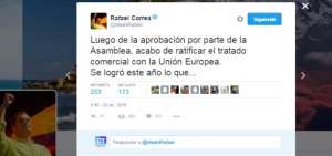 Presidente Correa ratifica acuerdo comercial con la UE luego de tr&aacute;mite en la Asamblea