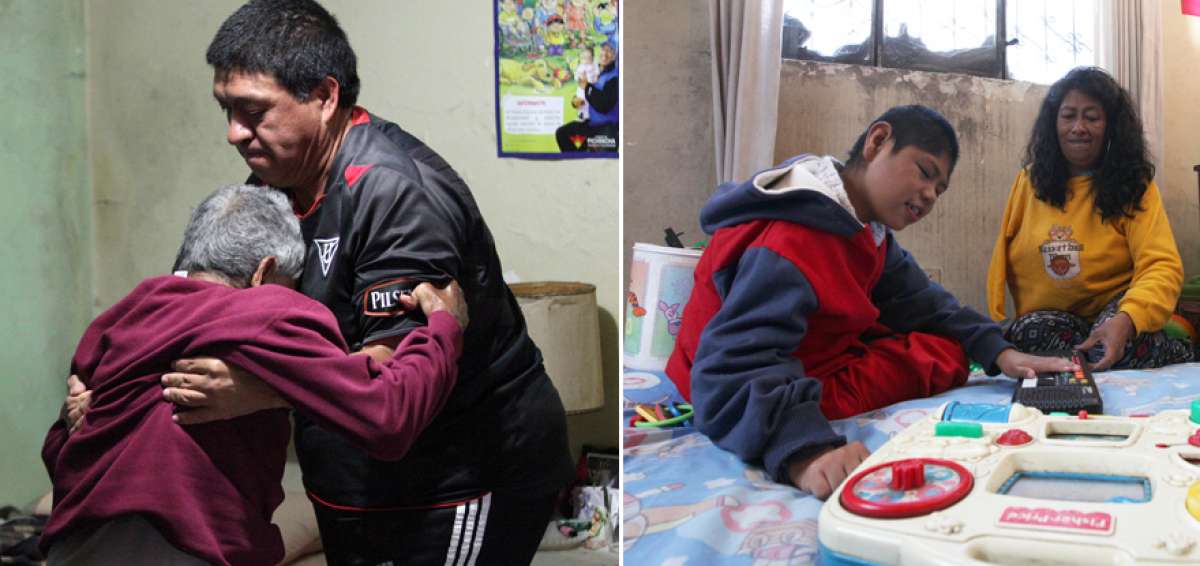 Patricio Dom&iacute;nguez (a la der.) cuida a su padrino Te&oacute;filo D&iacute;az, de 83 a&ntilde;os, quien no puede caminar por la artritis. Anita Flores atiende a Renato, de 8 a&ntilde;os. El menor de edad sufri&oacute; hemorragia cerebral cuando ten&iacute;a tres meses.