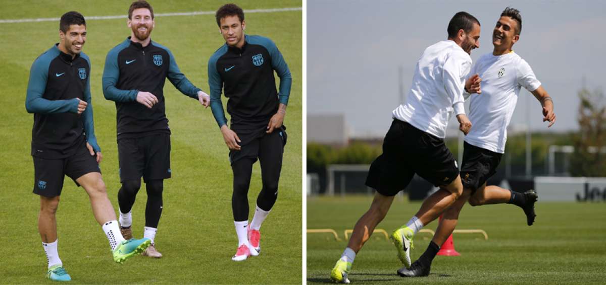 De izquierda a derecha, Luis Su&aacute;rez,  Lionel Messi y Neymar, ayer durante la &uacute;ltima pr&aacute;ctica azulgrana. El defensa Leonardo Bonucci (izq.) sonr&iacute;e con Paulo Dybala durante el entrenamiento de la &lsquo;Juve&rsquo; en Barcelona.