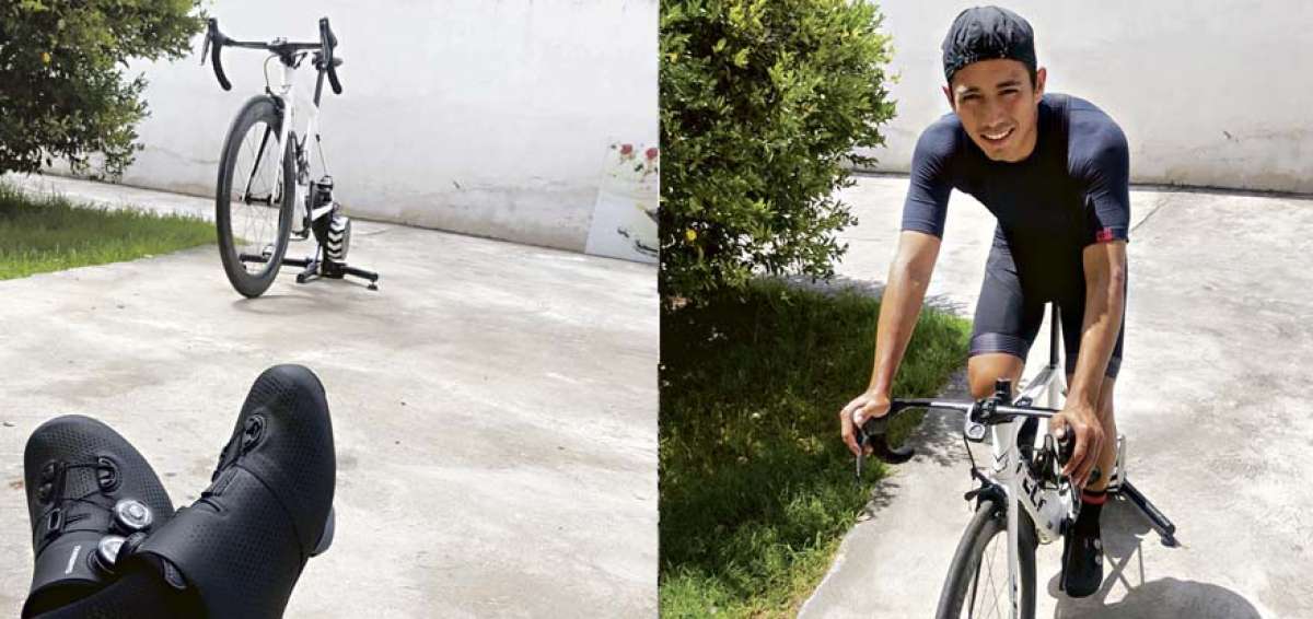 Entrenamiento en cuarentena.- Durante la emergencia sanitaria entrena con el rodillo y la bicicleta en su casa de Ibarra (Imbabura), donde tambi&eacute;n vive el corredor del equipo brit&aacute;nico, Team Ineos, Jonathan Narv&aacute;ez.