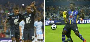 Ayrton Preciado (iz.) y Brayan Angulo festejan uno de los tantos que le marc&oacute; ayer Emelec a Guayaquil City. En la foto derecha, Roberto la &lsquo;Tuca&rsquo; Ord&oacute;&ntilde;ez (de.), delantero del Delf&iacute;n, pelea el bal&oacute;n con el zaguero de Barcelona, Luis Caicedo. 