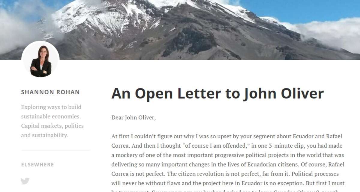 Bloguera canadiense cuestiona a John Oliver por burla a Correa