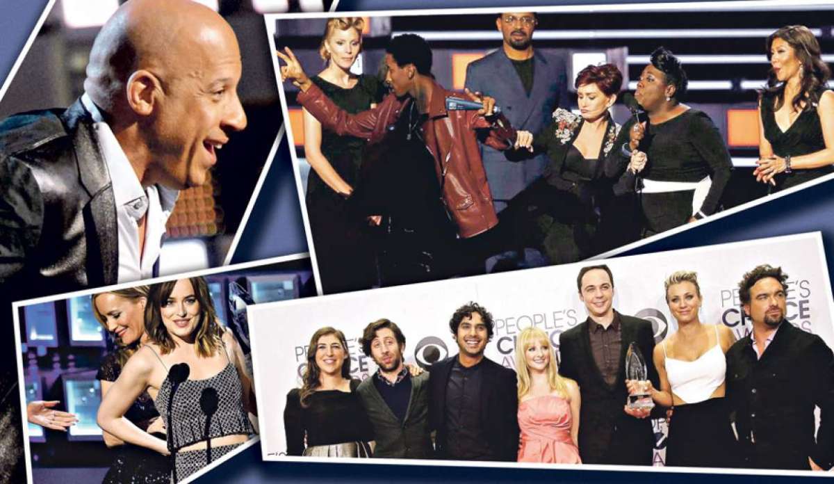 Vin Diesel (i) le dio el toque nost&aacute;lgico a la gala. Sharon Osbourne pate&oacute; a un fan desadaptado. Abajo. Dakota Johnson y The Big Bang Theory fueron ganadores.