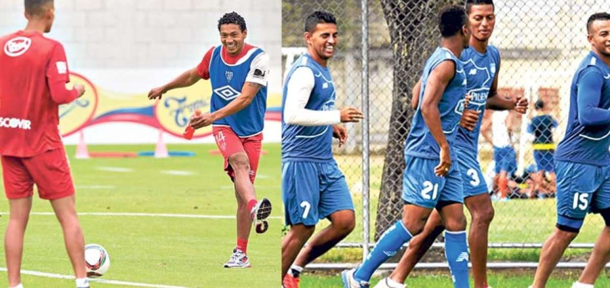 En la gr&aacute;fica izquierda, el extremo Jos&eacute; Quinteros (de chaleco azul) vuelve al rol titular de Liga (Q). Mientras que Emelec entren&oacute; ayer en Samanes. 
