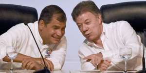 Rafael Correa y Juan Manuel Santos en el inicio del Gabinete Binacional en Cali. Foto: AFP 