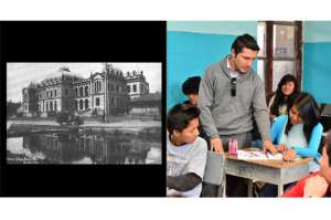 Esta foto muestra c&oacute;mo fue el colegio  Benigno Malo en la d&eacute;cada de los 40 y su avenida Fray Vicente Solano. En la segunda gr&aacute;fica los estudiantes y profesor viven una era moderna. Foto: Cortes&iacute;a