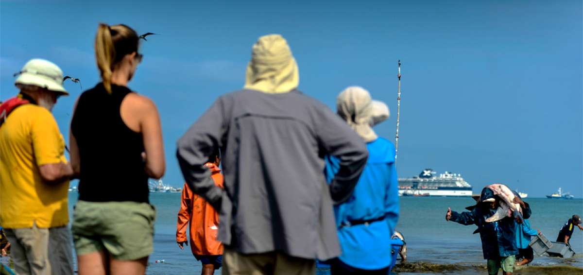 Los turistas de cruceros observan la forma como los pescadores bajan su producto de las lanchas a la orilla del mar en la playa de Tarqui, en Manta.