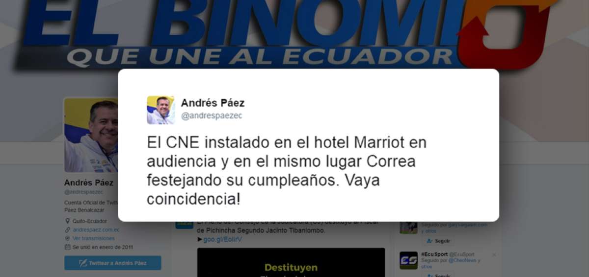 P&aacute;ez miente en Twitter al decir que Correa festejaba en hotel
