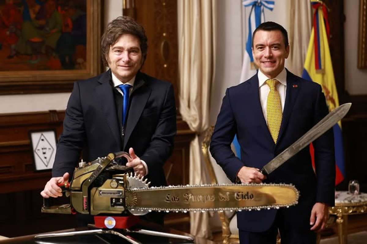 El presidente Daniel Noboa (der.) estará acompañado por la canciller Gabriela Sommerfeld.