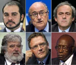 (Izq, desde arriba) Pr&iacute;ncipe Ali bin Al-Hussein, Sepp Blatter, Michel Platini, Chuck Blazer, Jerome Valcke y Jack Warner. Foto: AFP