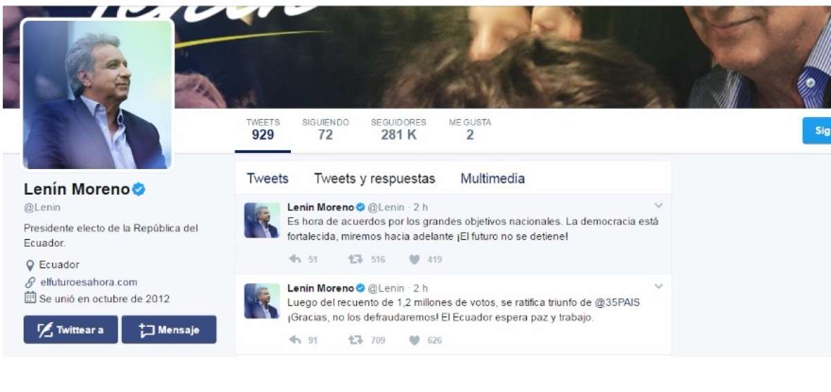 Presidente electo Moreno: "&iexcl;Gracias, no los defraudaremos! El Ecuador espera paz y trabajo"