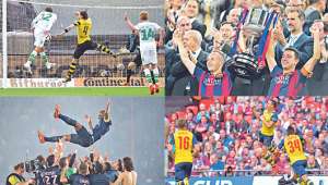 Arriba izq: Wolfsburgo, campe&oacute;n de la Copa Alemania. FC Barcelona, campe&oacute;n de la Copa del Rey. Abajo izq: PSG, campe&oacute;n de la Copa de Francia. Abajo der: Arsenal, campe&oacute;n de la FA Cup. Foto: AFP