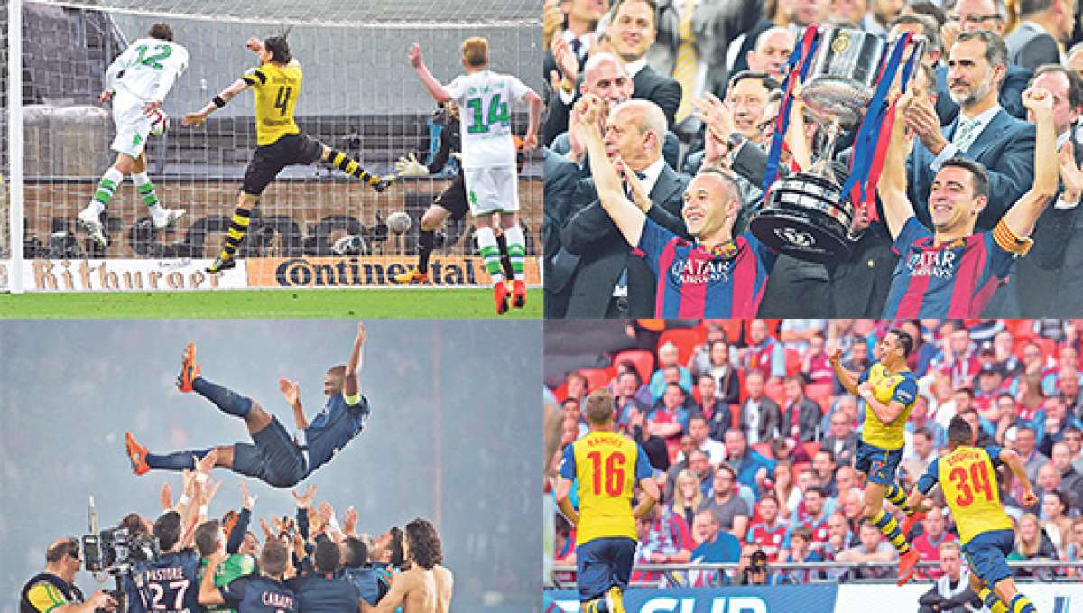 Arriba izq: Wolfsburgo, campe&oacute;n de la Copa Alemania. FC Barcelona, campe&oacute;n de la Copa del Rey. Abajo izq: PSG, campe&oacute;n de la Copa de Francia. Abajo der: Arsenal, campe&oacute;n de la FA Cup. Foto: AFP