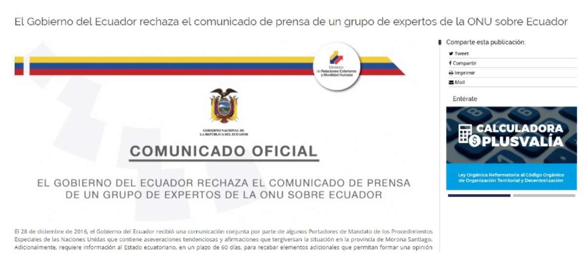 Canciller&iacute;a rechaza comunicado de expertos de la ONU sobre situaci&oacute;n en Morona Santiago