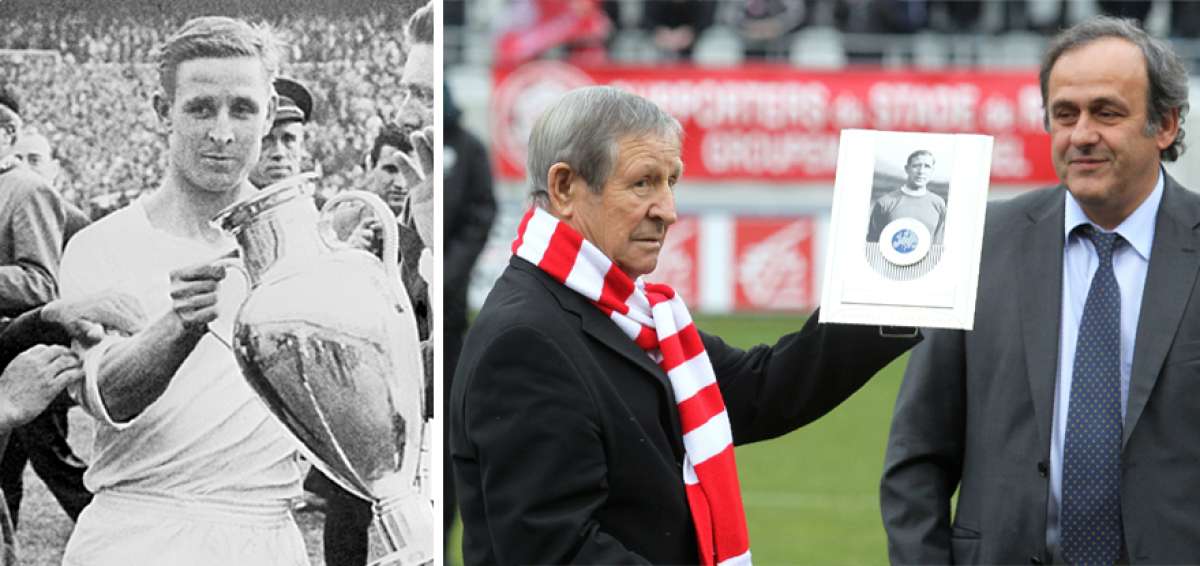La primera foto muestra a Kopa (izq.) y Alfredo Di St&eacute;fano con el trofeo de la Copa de Europa. En 2011 la UEFA le entreg&oacute; un reconocimiento.