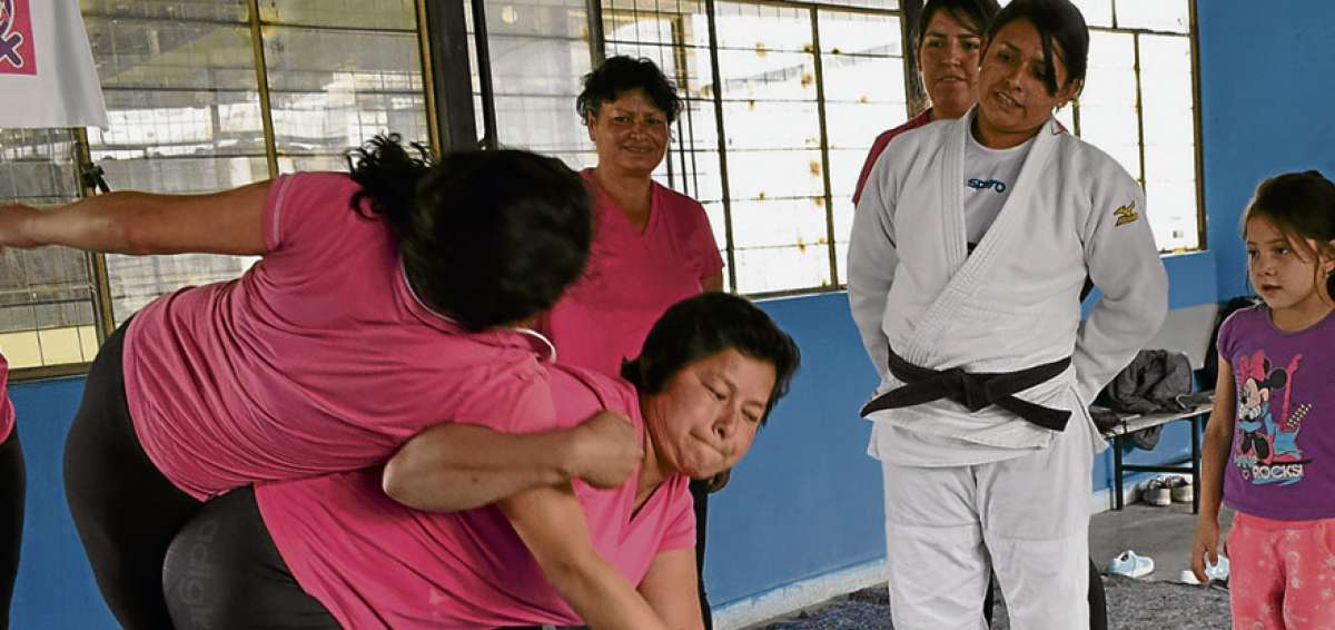  &rarr;La exjudoca Diana Cobos (de blanco) instruye sobre las t&eacute;cnicas de lanzamiento a un grupo de asistentes en Quito.