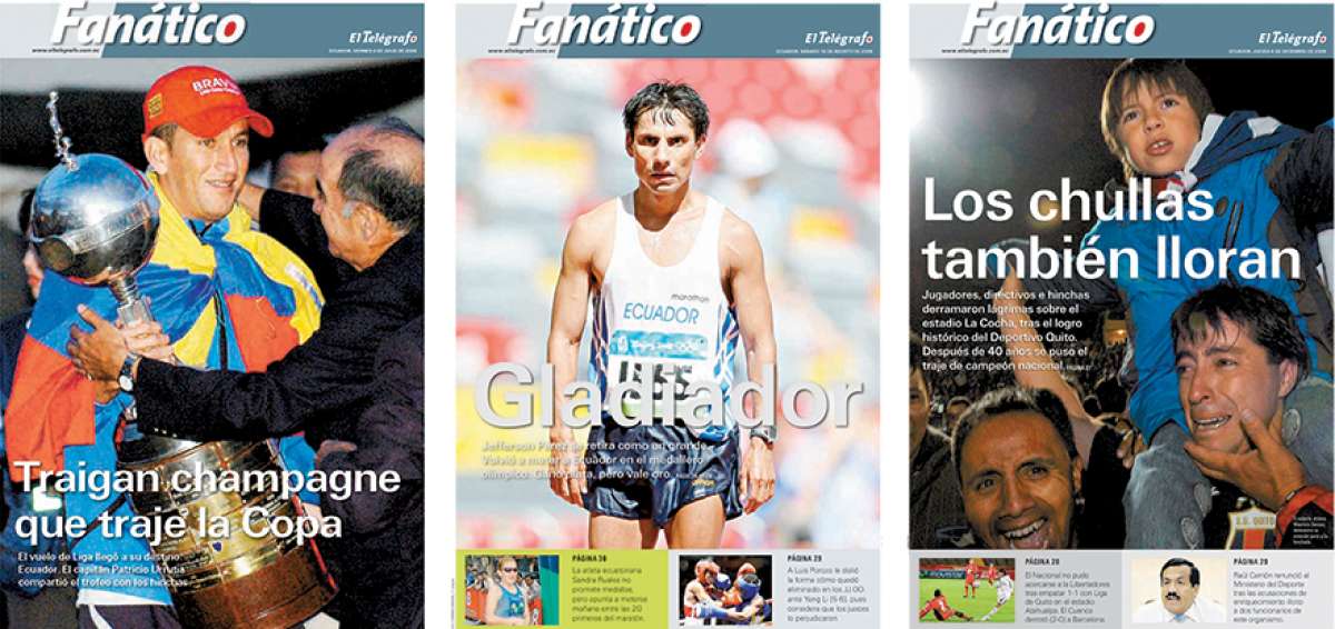 Patricio Urrutia, capit&aacute;n de Liga (Q), muestra el trofeo de campe&oacute;n al arribo del equipo a Quito. Jefferson P&eacute;rez llega segundo a la meta en los 20km marcha de los Juegos Ol&iacute;mpicos de Beijing. Deportivo Quito termina con una sequ&iacute;a de 40 a&ntilde;os sin ganar el torneo nacional de f&uacute;tbol.
