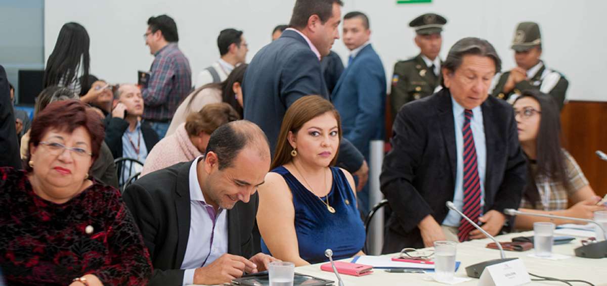 La asamble&iacute;sta Sof&iacute;a Esp&iacute;n (de azul) junto a varios legisladores del bloque de la Revoluci&oacute;n Ciudadana, escuchan el testimonio que rindi&oacute; a trav&eacute;s de videoconferencia la testigo protegida, Diana F.