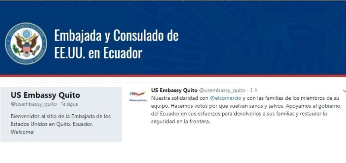 Embajada de EE.UU.&nbsp;asegura apoyo a Ecuador en esfuerzo para retorno de secuestrados