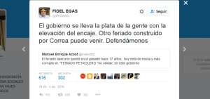Captura de pantalla de la cuenta de Twitter de Fidel Egas en donde insin&uacute;a que el gobierno est&aacute; preparando un feriado bancario.