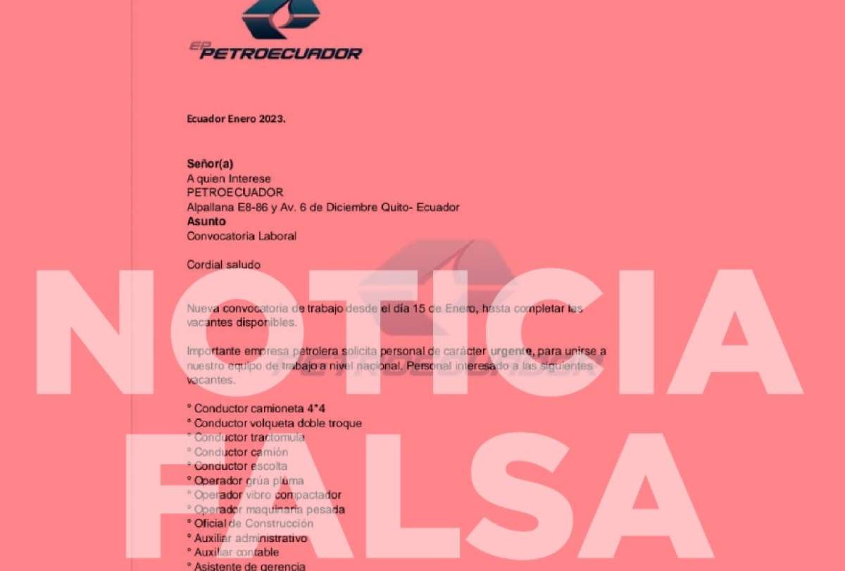 Mensajes falsos sobre trabajos en Petroecuador circulan en redes sociales.