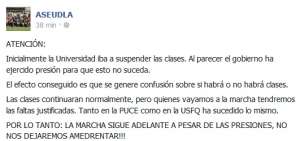 Captura de pantalla de la cuenta de Facebook de la Asociaci&oacute;n de Estudiantes de la Udla 