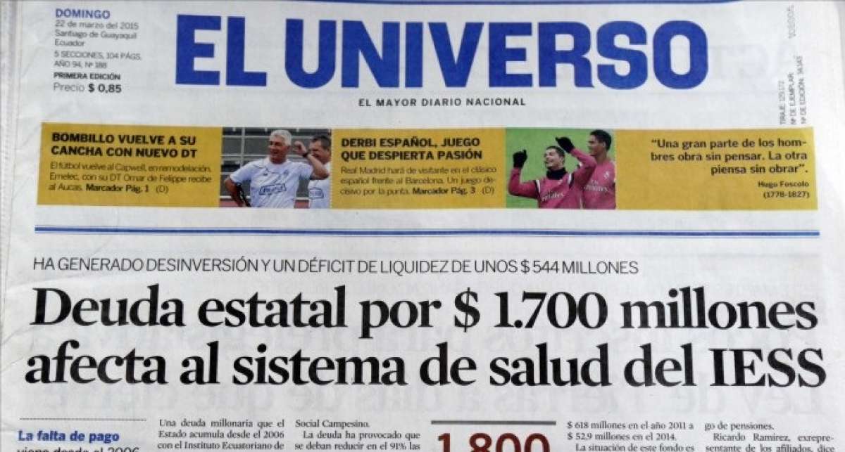Fotograf&iacute;a de la portada del diario El Universo del pasado domingo. FOTO: Cortes&iacute;a El Ciudadano 