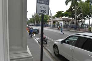 En Malec&oacute;n y 10 de Agosto, al pie del Municipio de Guayaquil, se estacionan los veh&iacute;culos livianos sobre los espacios delimitados para ciclistas. Foto: William Orellana / El Tel&eacute;grafo