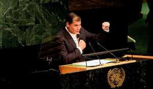 El mandatario Rafael Correa durante su intervenci&oacute;n en la Asamblea General de Naciones Unidas en Nueva York. Foto: Presidencia 
