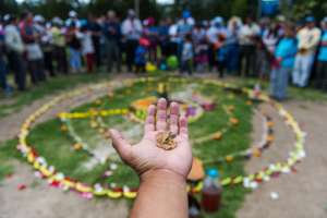 Con granos, flores y frutas se formaron los c&iacute;rculos que representan la unidad y solidaridad que hacen de cada comunidad una familia s&oacute;lida e indisoluble. Fotos: John Guevara/El Tel&eacute;grafo