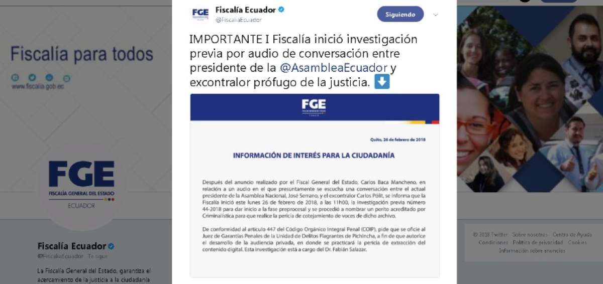 Fiscal&iacute;a anuncia el peritaje del audio presentado por Baca Mancheno