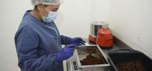 La emprendedora usa mascarilla y guantes en el laboratorio. All&iacute; coloca las pepas del fruto para secarlas.